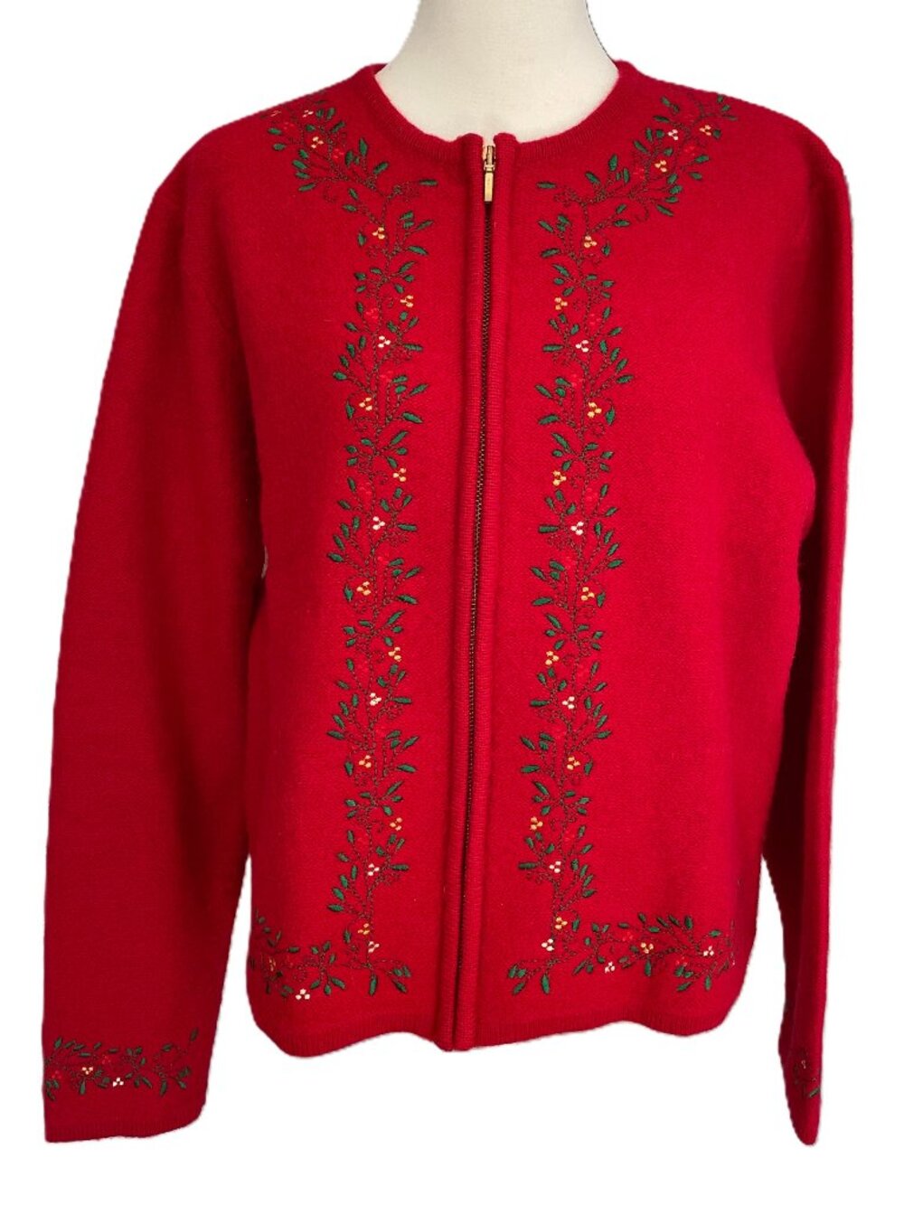 Karen Scott Cardigan Career 100% Wool Red Floral Green Embroidery Womens Sz MED